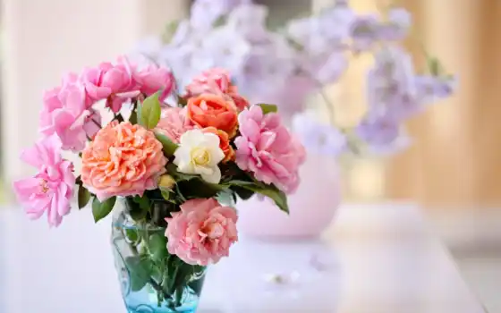 букет, цветы, ваза, розы, взгляд, красивые, 
