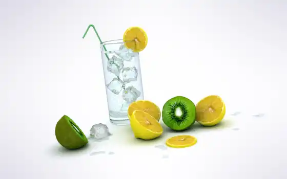 лимон, глоток, пол, стакан, киви, лед, коктейль