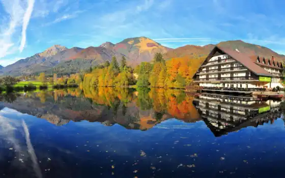 пейзаж, осень, дом, река, вода, вид, цвет, дерево