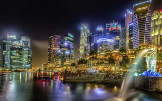 город, singapore, плакат, ночь, огонь, park, мегаполис, merlion, фото, картинка, castle