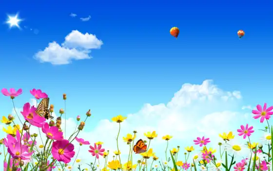 небо, шары, воздушные, цветы, бабочки, 
