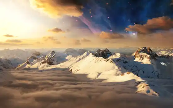 гора, облако, пейзаж, алпы, сор, небо, закат, природа, снег, звезда, швейцарский