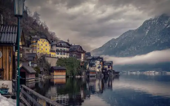 австрия, hallstatt, гора, home, облака, озеро, праздник