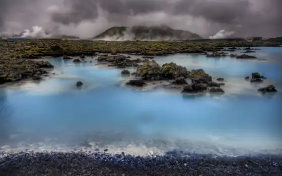 лагуна, голубая, лагуна, исландия, вода, нояб, ретротермический, синий, латунь, воды,
