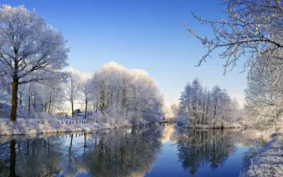 зима, река, горный, ретро, пейзаж, синее