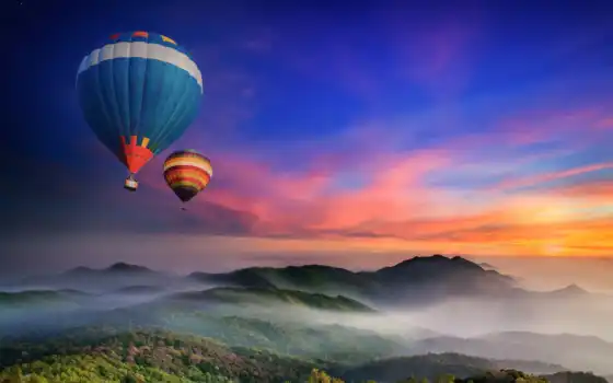 воздушный шар, воздух, жара, пейзаж, природа, гора, закат, утро