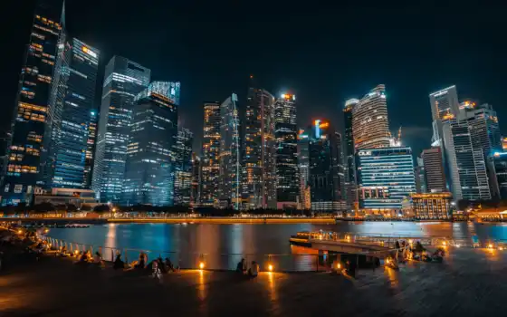 singapore, ночь, город, bay
