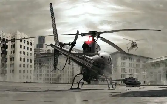 скачать, авиация, город, здания, вертолет, вертолеты, крышка, 