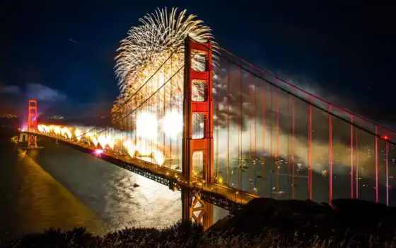 мост, gate, золотистый, fireworks, san, francisco, 