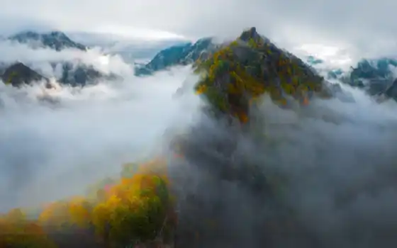 гора, осень, туман