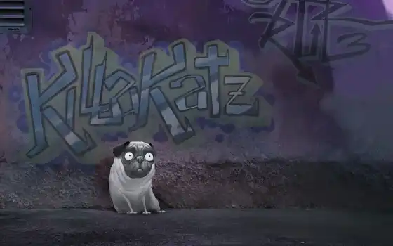 die Wand, Graffiti, der Hund, hinten