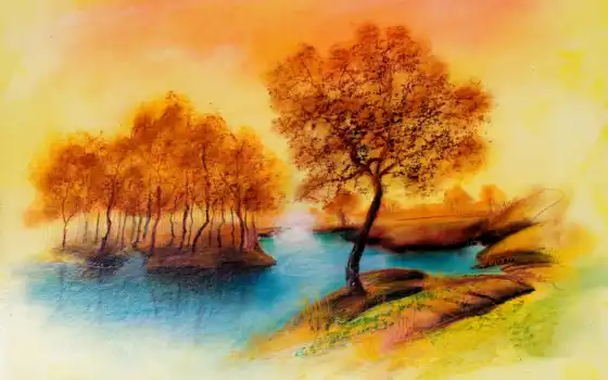 цвет, осень, деревья, пейзаж, река, мир,