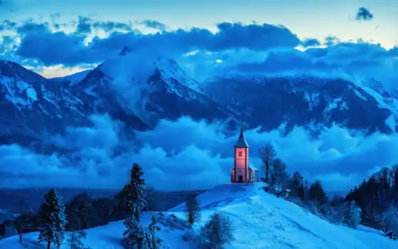 гора, церковь, зима, природа, пик, близко, пейзаж, дом, евангелист, облако, снег