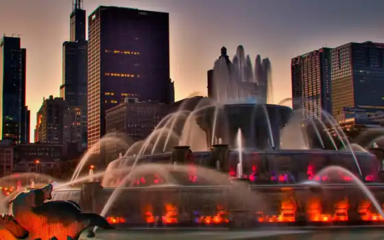 fountain, город, каскад, песочница, подсветка, города, дома, красивый, usa, реклама, chicago, 