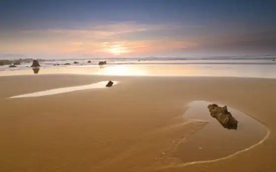 песок, море, берег, камни, небо, закат, природа, 