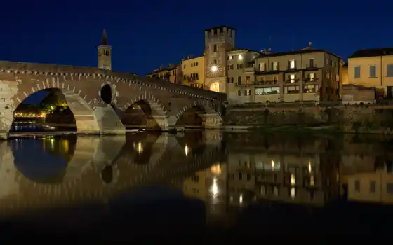 ponte, ночь, pietra, verona, мост, река, город, house