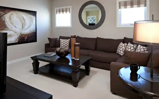 коричневый, интерьер, комната, дизайн, стиль, мебель, картинка, диван, подушки, daily, 