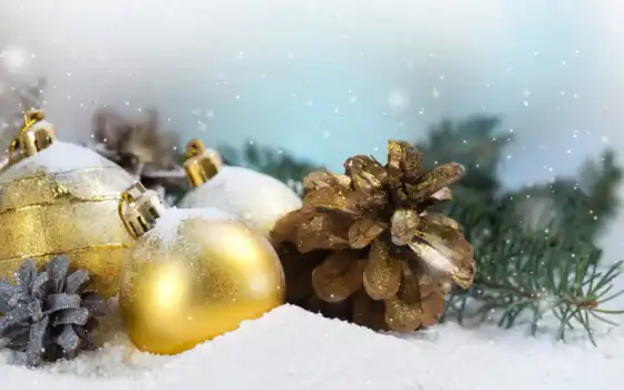 шишки, Рождество, праздник, шары, снег, зима, елка, игрушки, новый, украшения, новогодние, год, снегу, 