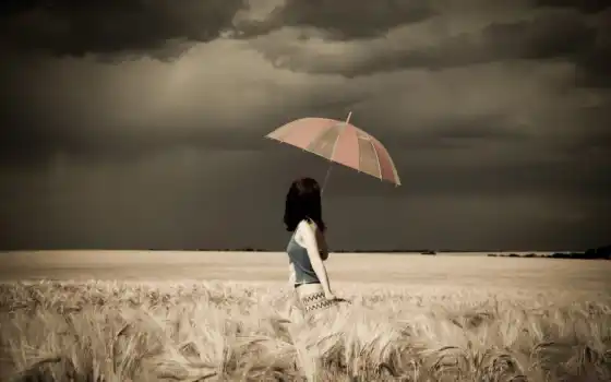 девушка, поле, буря, зонтик