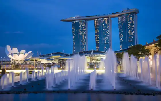 singapore, architecture, bay, skyscrapers, ночь, огни, gardens, blue, 