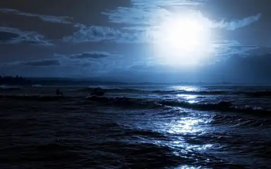 море, ночь, луна, волны, сёрфинг, лучи, 