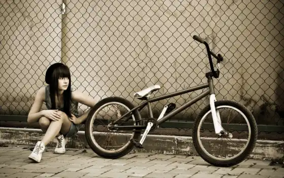 велосипед, девушка, забор, 