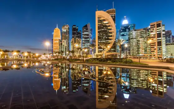 qatar, город, doha, качество, doha, ночь, real, отражение, фото, недвижимость