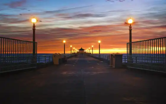 море, мост, закат, 