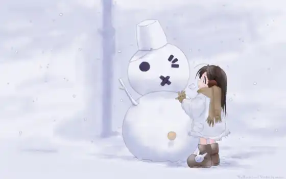 снег, девочка, снеговик, девочкой, 