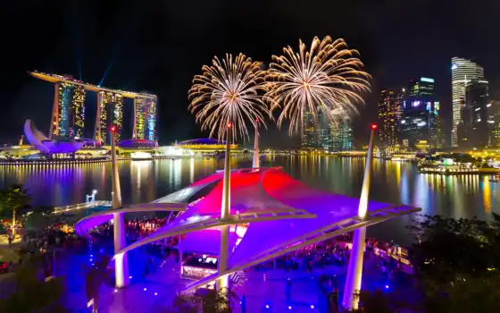 салют, fireworks, ночь, water, singapore, марина, 