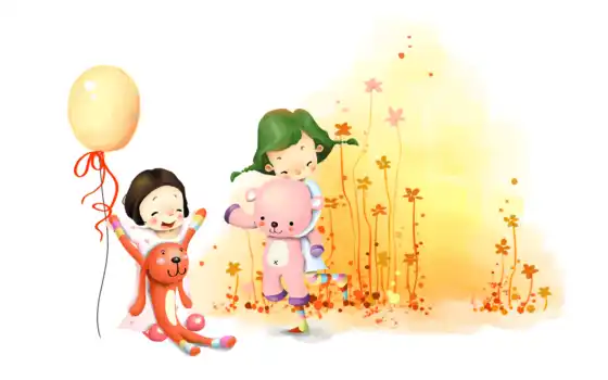 нарисованные, дети, девочки, игрушки, шарик, цветы, радость, заяц, медведь