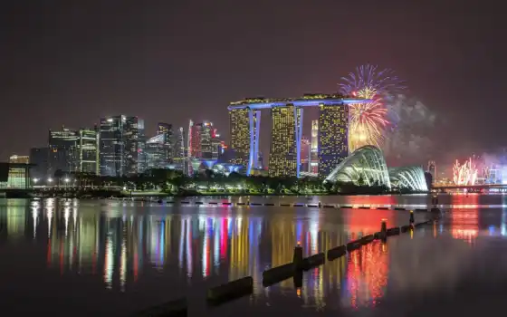 singapore, салют, город, панорама, bay, марина