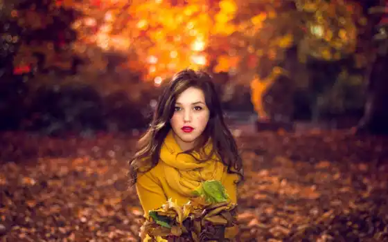 девушка, осень, лист, природа, portrait, flash