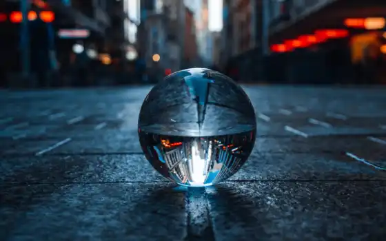 мяч, crystal, сфера, город, отражение