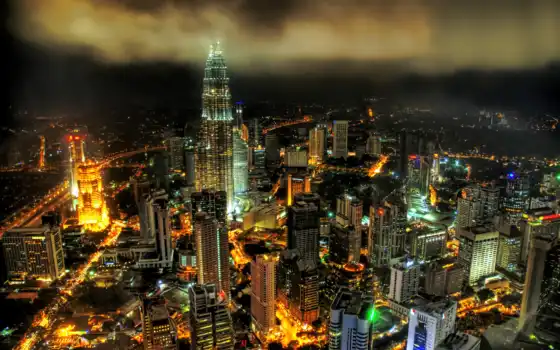 мегаполис, malaysia, lumpur, ночь, огни, виды, kuala, ночных, небоскребы, азия, 