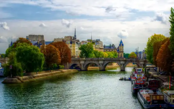 париж, франция, мост, река, riverboat