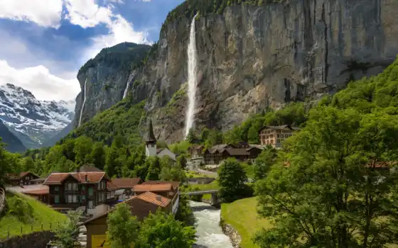 lauterbrunnen, итальянское, швейцарское, швейцарское, река, рок, стауббах, долина, дом