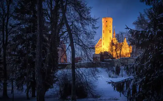 зима, ночь, баден, замок