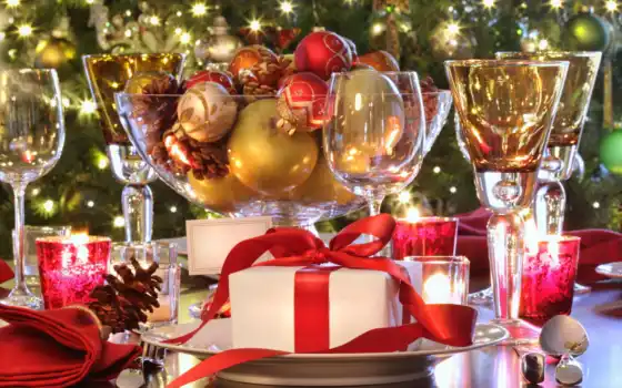 year, new, christmas, свечи, red, бокалы, tabelle, mit, urlaubsschaltung, пусть, шары, подарок, elegante, yeniyıl, geschenk, ribbon, 