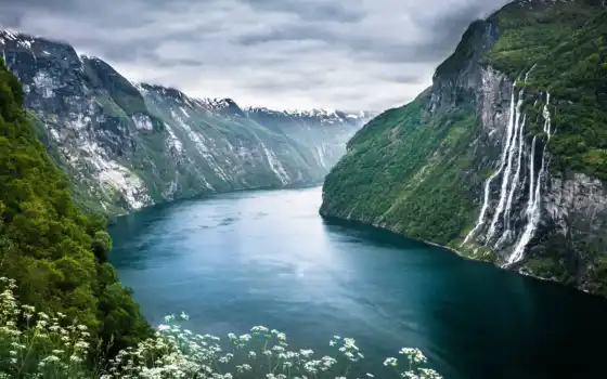норвежское, фьорд, взгляд, осло, страна, горный, город