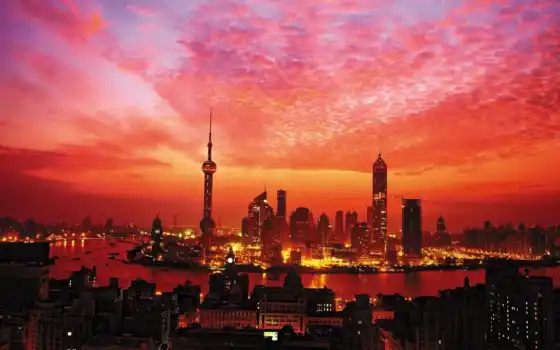 red, закат, городом, со, china, азия, shanghai, закаты, 