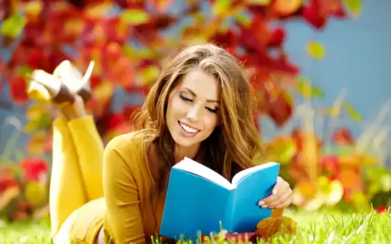 девушка, осень, книга, улыбка, читает, браун, 