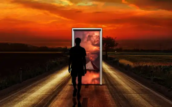 мужчина, дверь, воображение, сюрреализм, закат