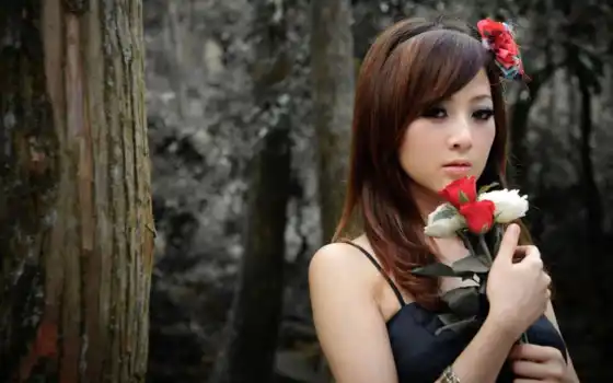 азиатка, девушка, спереди, милая, женя, глаза, рыжая, роза