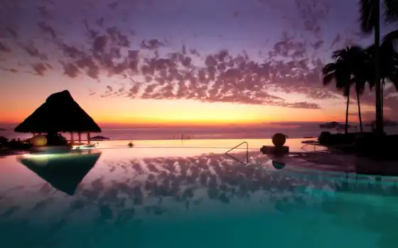 закат, бассейн, курорт, Мальдивы