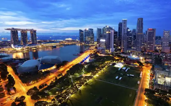 сингапур, город, городской пейзаж, горизонт, здание, ночь