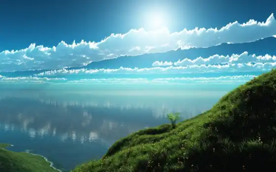вода, трава, солнце, берег, облака, день, 
