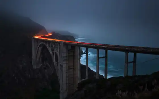 мост, свет, огни, дорога, выдержка, берег, мрак, 