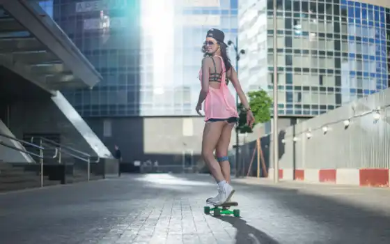 девушка, город, модель, leg, женщина, skateboard, стиль