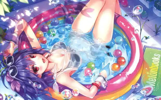 аниме, бассейн, девушка, искусство, плавание
